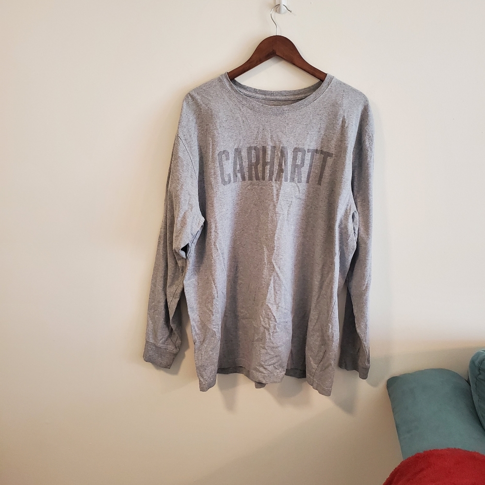 Carhartt long sleeve grey logo tee shirt branded outdoor cotton size XL